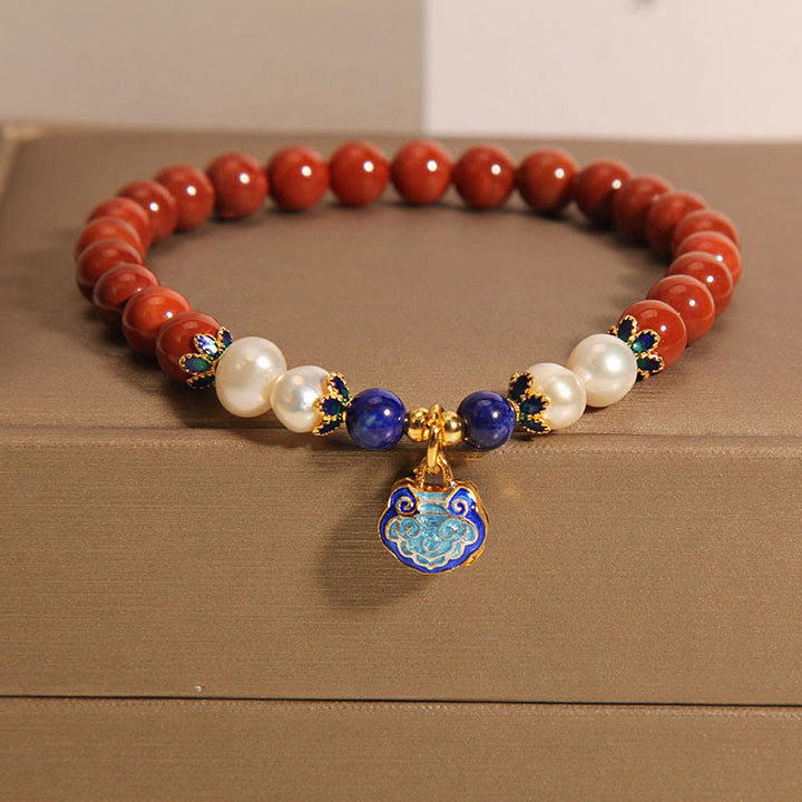 Buddha Stones Natürliche Südrote Achatperle Peace Lock Charm Positives Armband