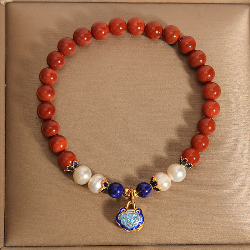 Buddha Stones Natürliche Südrote Achatperle Peace Lock Charm Positives Armband
