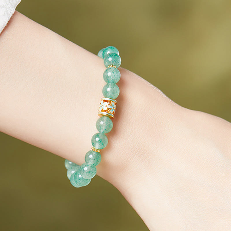 Buddha Stones 925 Sterling Silber Grüne Erdbeerquarz Blume Ruhe Armband