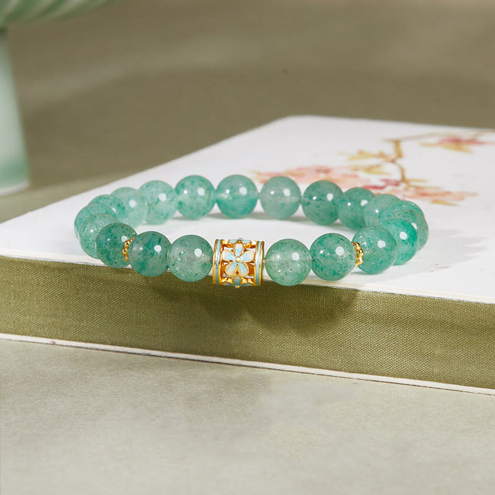 Buddha Stones 925 Sterling Silber Grüne Erdbeerquarz Blume Ruhe Armband