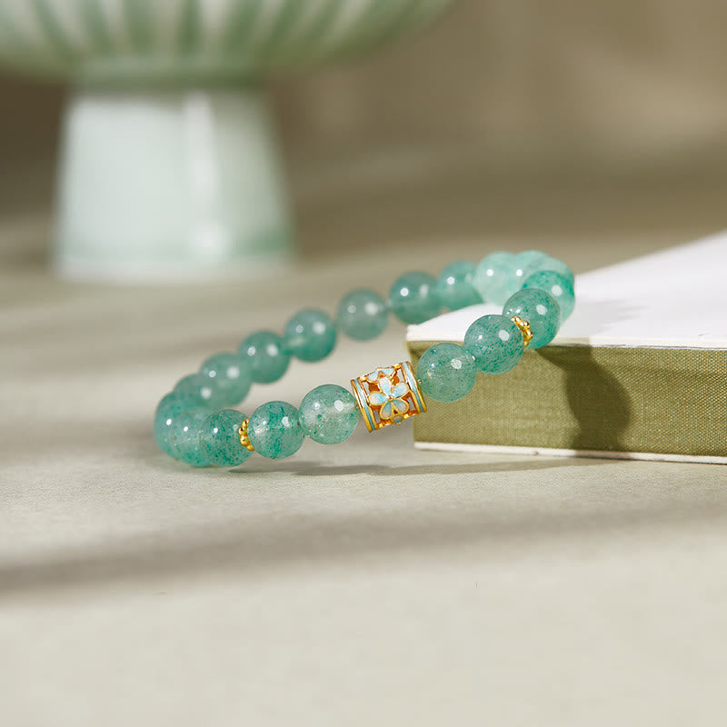 Buddha Stones 925 Sterling Silber Grüne Erdbeerquarz Blume Ruhe Armband