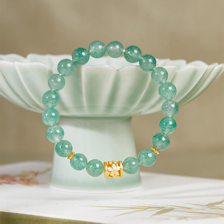 Buddha Stones 925 Sterling Silber Grüne Erdbeerquarz Blume Ruhe Armband