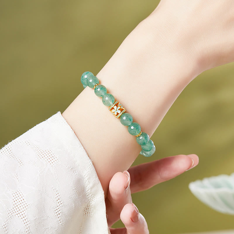 Buddha Stones 925 Sterling Silber Grüne Erdbeerquarz Blume Ruhe Armband