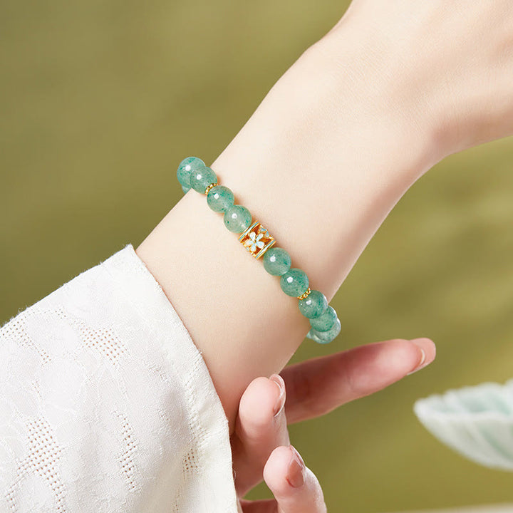 Buddha Stones 925 Sterling Silber Grüne Erdbeerquarz Blume Ruhe Armband