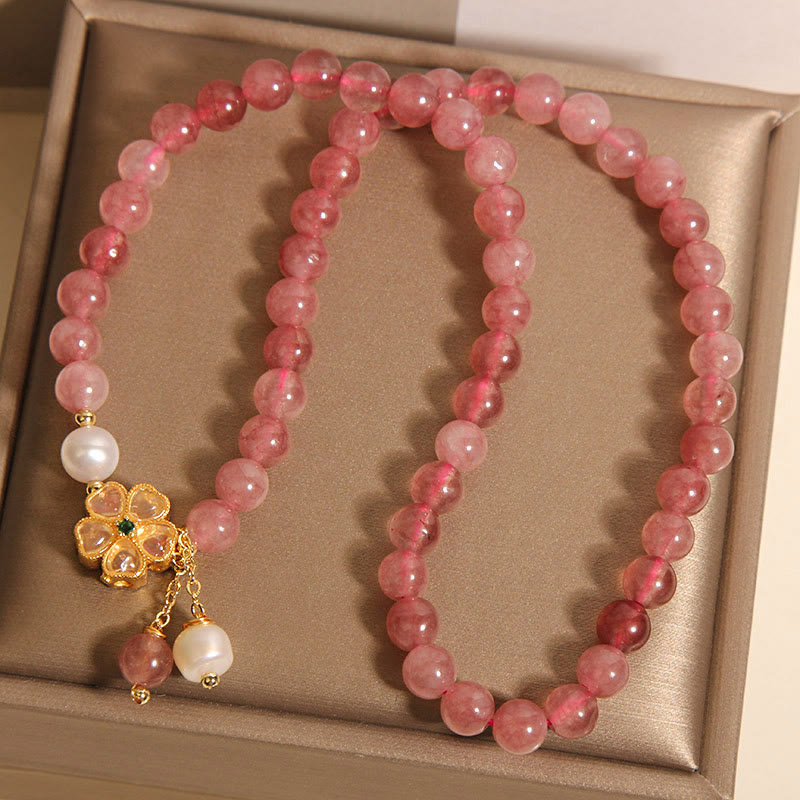 Buddha Stones Erdbeerquarz Vierblättriges Kleeblatt Doppelwickel-Design Positives Armband