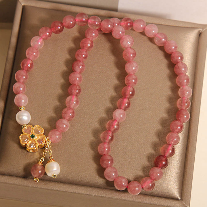 Buddha Stones Erdbeerquarz Vierblättriges Kleeblatt Doppelwickel-Design Positives Armband