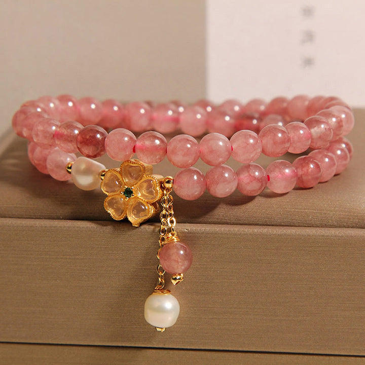 Buddha Stones Erdbeerquarz Vierblättriges Kleeblatt Doppelwickel-Design Positives Armband