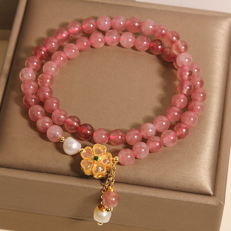 Buddha Stones Erdbeerquarz Vierblättriges Kleeblatt Doppelwickel-Design Positives Armband