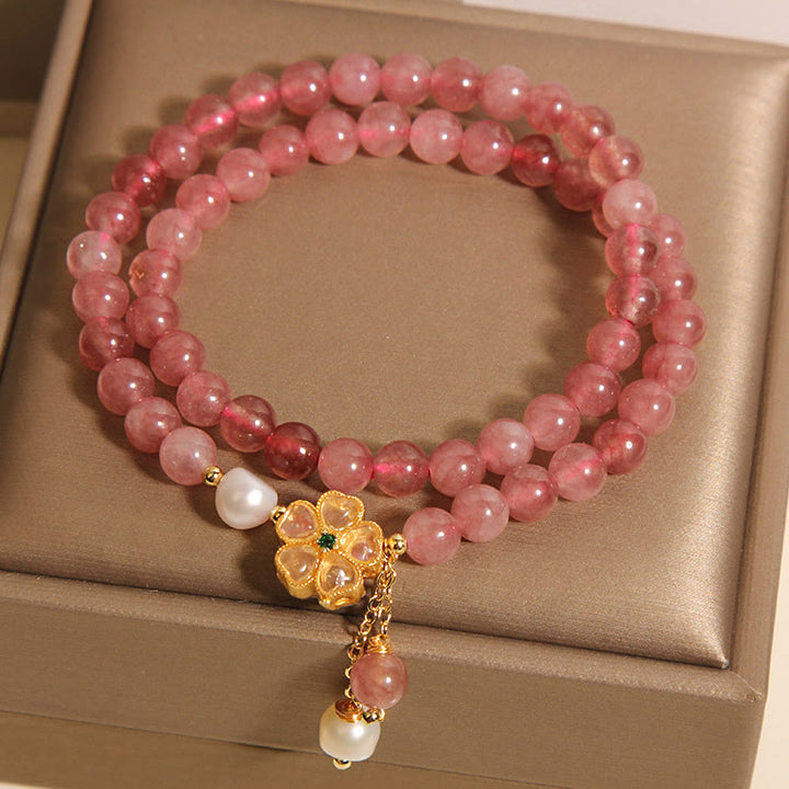 Buddha Stones Erdbeerquarz Vierblättriges Kleeblatt Doppelwickel-Design Positives Armband