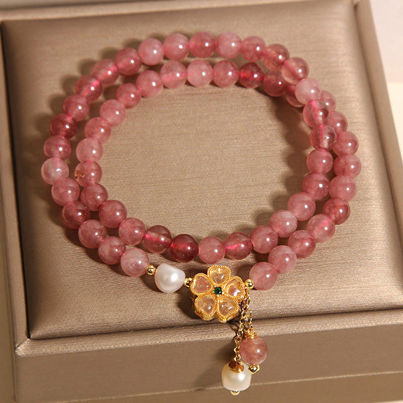 Buddha Stones Erdbeerquarz Vierblättriges Kleeblatt Doppelwickel-Design Positives Armband