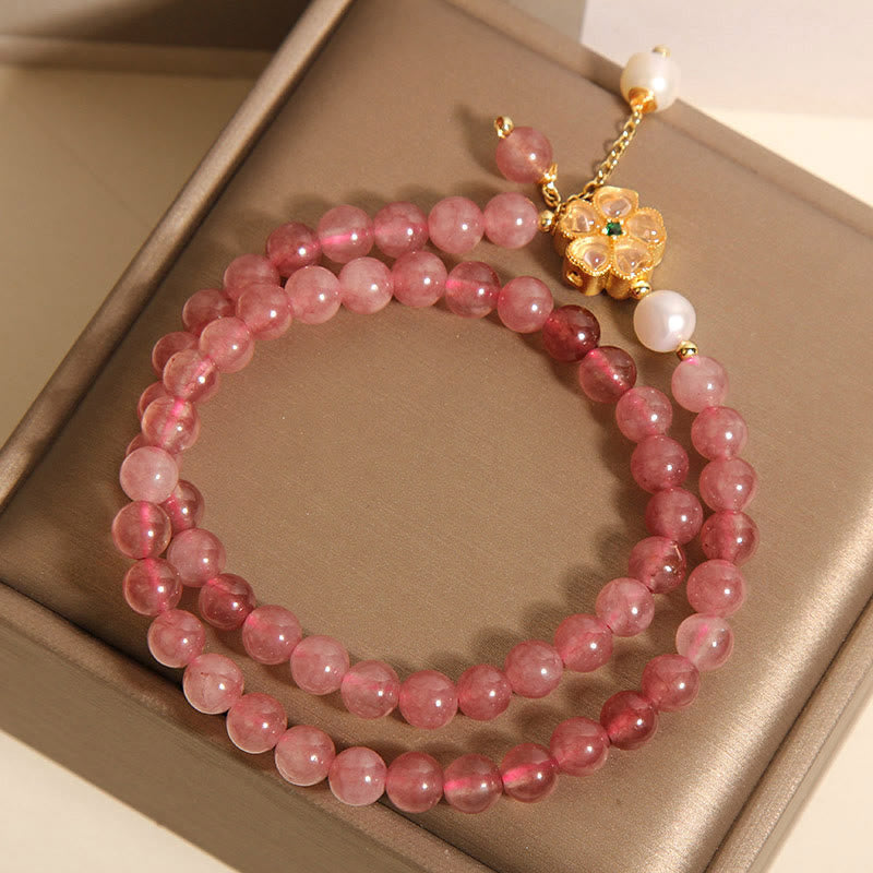 Buddha Stones Erdbeerquarz Vierblättriges Kleeblatt Doppelwickel-Design Positives Armband