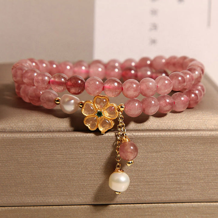 Buddha Stones Erdbeerquarz Vierblättriges Kleeblatt Doppelwickel-Design Positives Armband