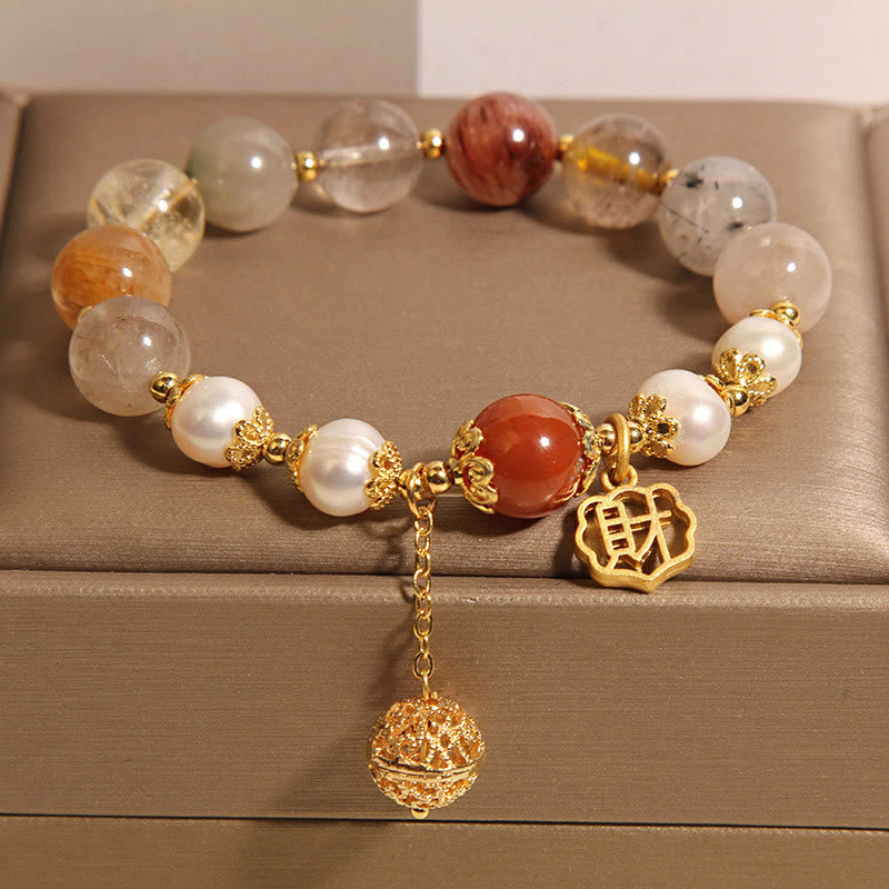 Buddha Stones Armband mit natürlicher Rutilquarzperle, die Glück und Reichtum anzieht