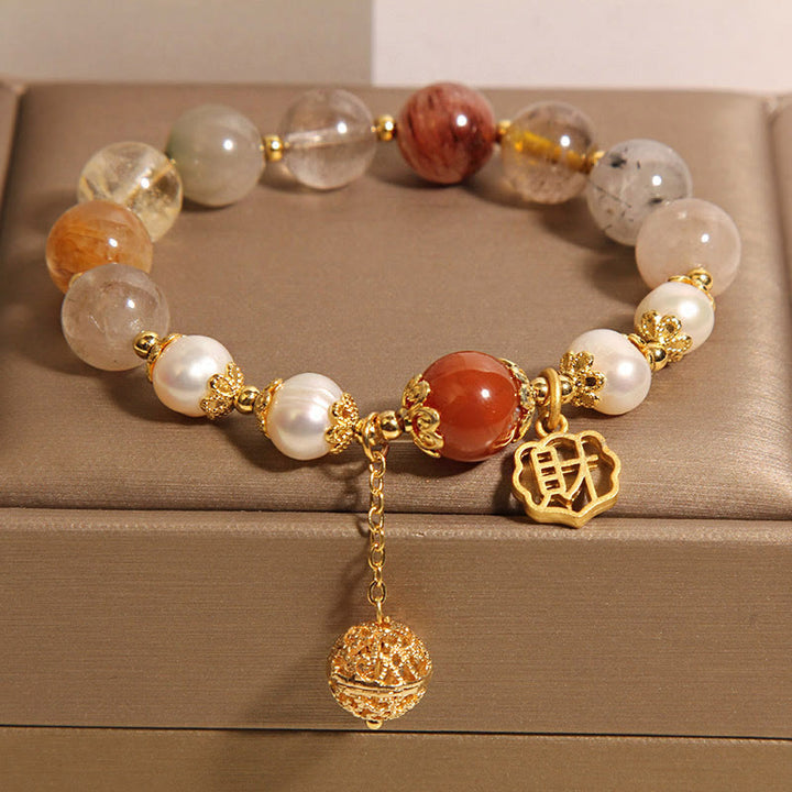 Buddha Stones Armband mit natürlicher Rutilquarzperle, die Glück und Reichtum anzieht