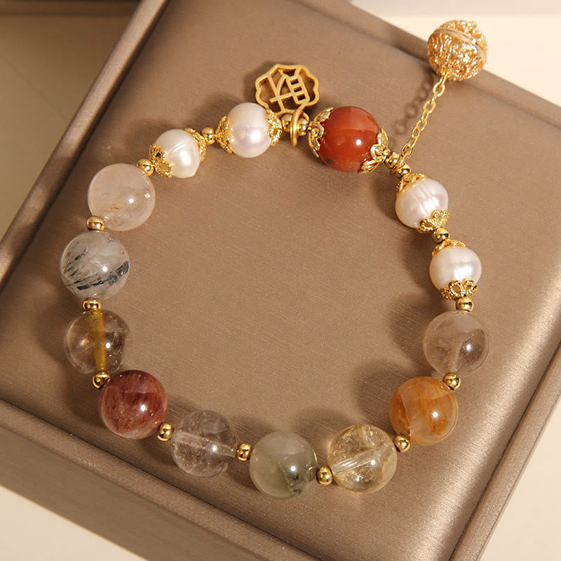 Buddha Stones Armband mit natürlicher Rutilquarzperle, die Glück und Reichtum anzieht