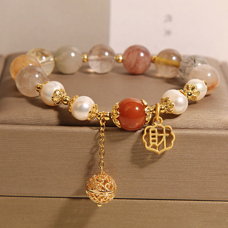 Buddha Stones Armband mit natürlicher Rutilquarzperle, die Glück und Reichtum anzieht