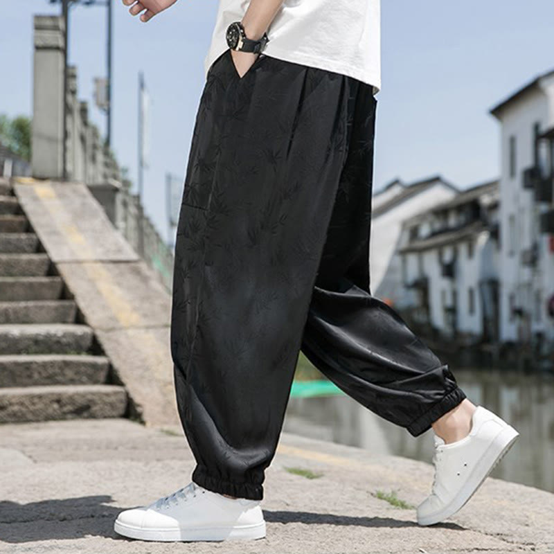 Buddha Stones Sommer-Baumwollhose aus Eisseide, Jacquard-Bambusmuster für Herren mit Kordelzug und Taschen