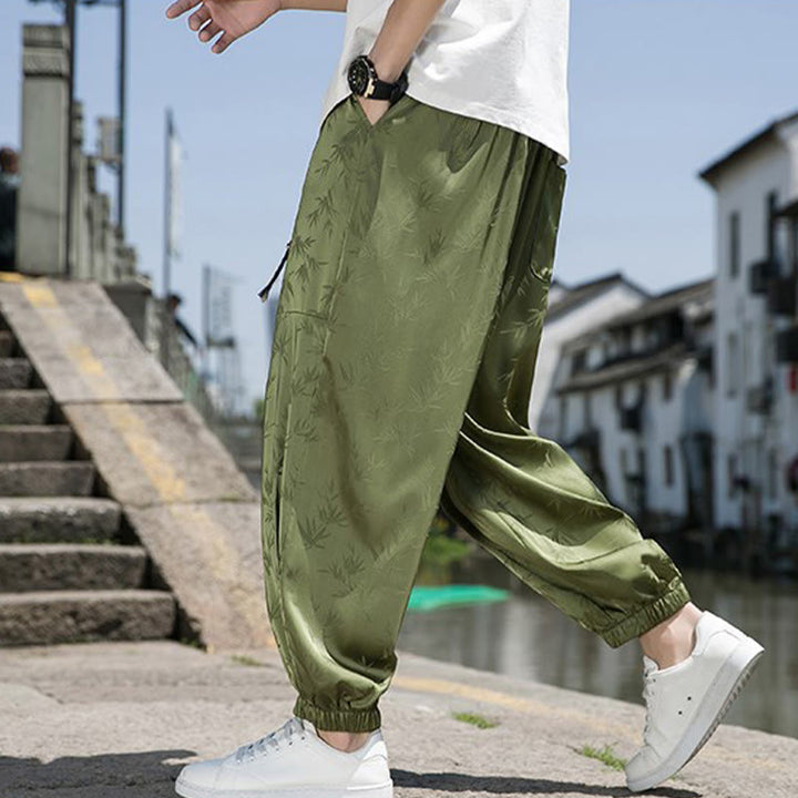 Buddha Stones Sommer-Baumwollhose aus Eisseide, Jacquard-Bambusmuster für Herren mit Kordelzug und Taschen