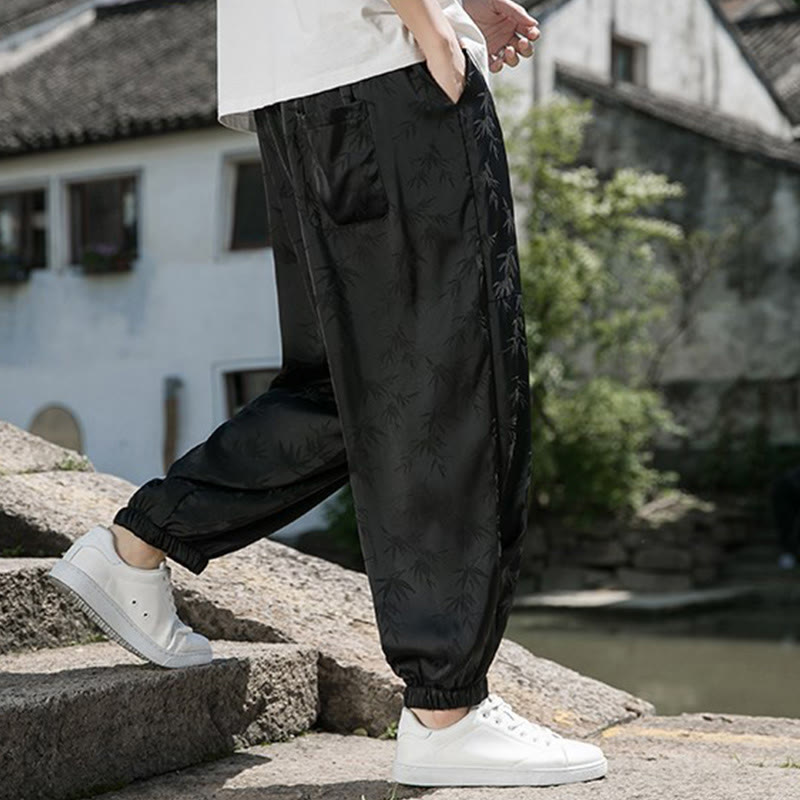 Buddha Stones Sommer-Baumwollhose aus Eisseide, Jacquard-Bambusmuster für Herren mit Kordelzug und Taschen