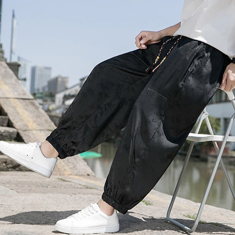Buddha Stones Sommer-Baumwollhose aus Eisseide, Jacquard-Bambusmuster für Herren mit Kordelzug und Taschen