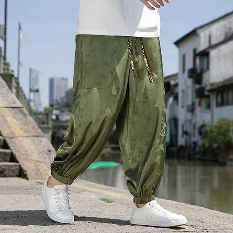 Buddha Stones Sommer-Baumwollhose aus Eisseide, Jacquard-Bambusmuster für Herren mit Kordelzug und Taschen