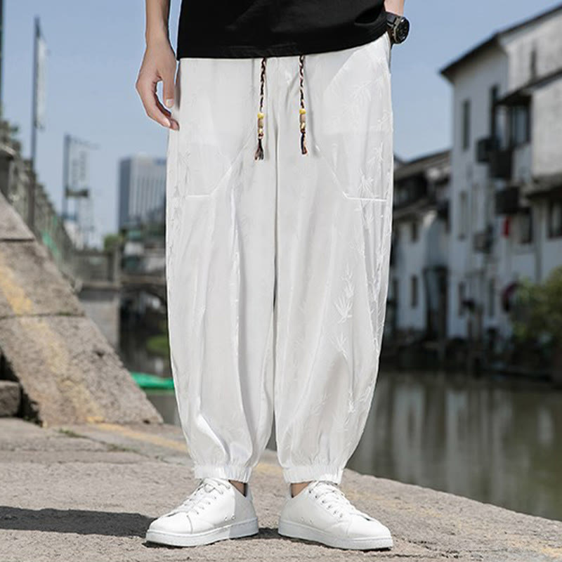 Buddha Stones Sommer-Baumwollhose aus Eisseide, Jacquard-Bambusmuster für Herren mit Kordelzug und Taschen