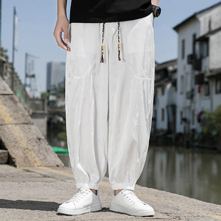 Buddha Stones Sommer-Baumwollhose aus Eisseide, Jacquard-Bambusmuster für Herren mit Kordelzug und Taschen