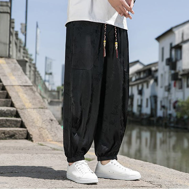 Buddha Stones Sommer-Baumwollhose aus Eisseide, Jacquard-Bambusmuster für Herren mit Kordelzug und Taschen