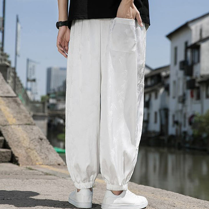 Buddha Stones Sommer-Baumwollhose aus Eisseide, Jacquard-Bambusmuster für Herren mit Kordelzug und Taschen