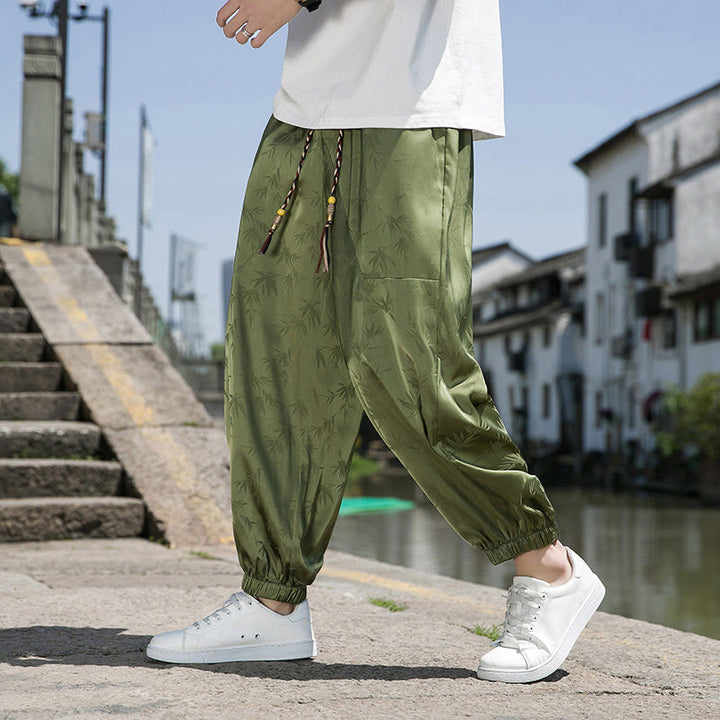Buddha Stones Sommer-Baumwollhose aus Eisseide, Jacquard-Bambusmuster für Herren mit Kordelzug und Taschen