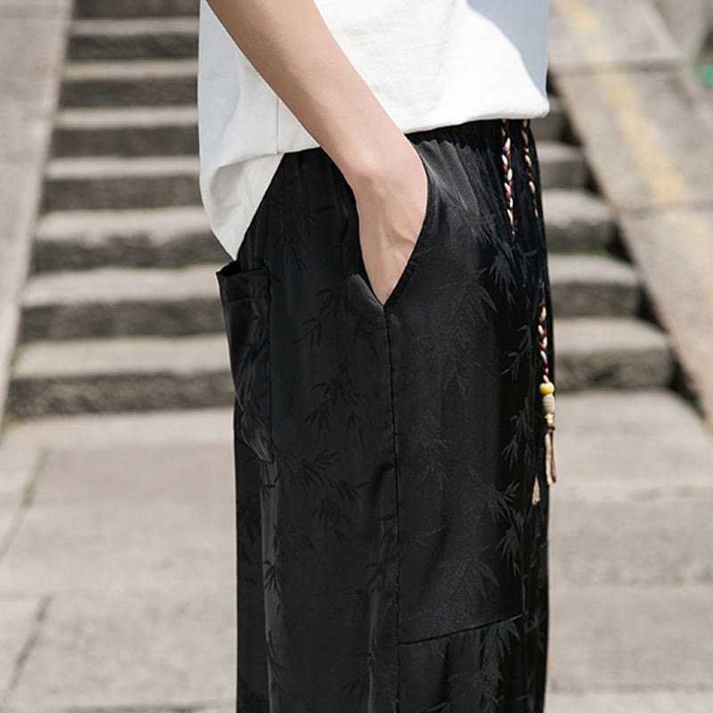 Buddha Stones Sommer-Baumwollhose aus Eisseide, Jacquard-Bambusmuster für Herren mit Kordelzug und Taschen