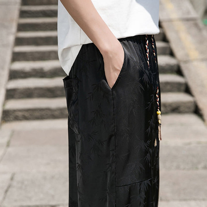 Buddha Stones Sommer-Baumwollhose aus Eisseide, Jacquard-Bambusmuster für Herren mit Kordelzug und Taschen