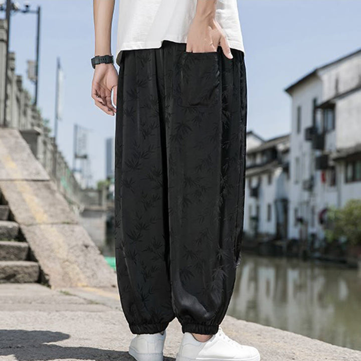 Buddha Stones Sommer-Baumwollhose aus Eisseide, Jacquard-Bambusmuster für Herren mit Kordelzug und Taschen