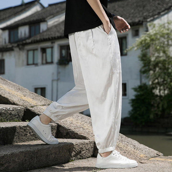 Buddha Stones Sommer-Baumwollhose aus Eisseide, Jacquard-Bambusmuster für Herren mit Kordelzug und Taschen