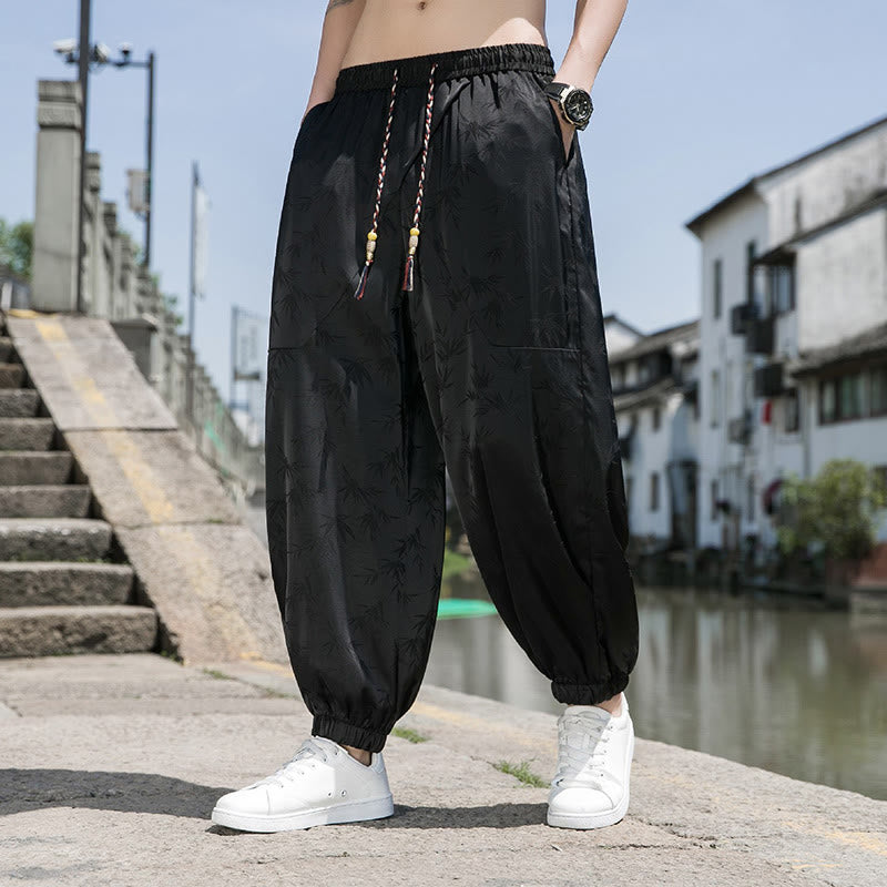 Buddha Stones Sommer-Baumwollhose aus Eisseide, Jacquard-Bambusmuster für Herren mit Kordelzug und Taschen