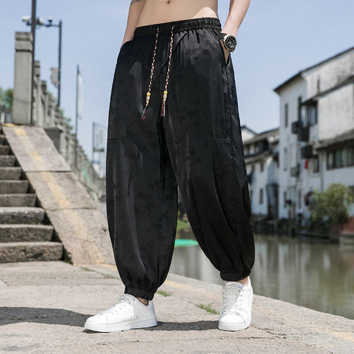 Buddha Stones Sommer-Baumwollhose aus Eisseide, Jacquard-Bambusmuster für Herren mit Kordelzug und Taschen