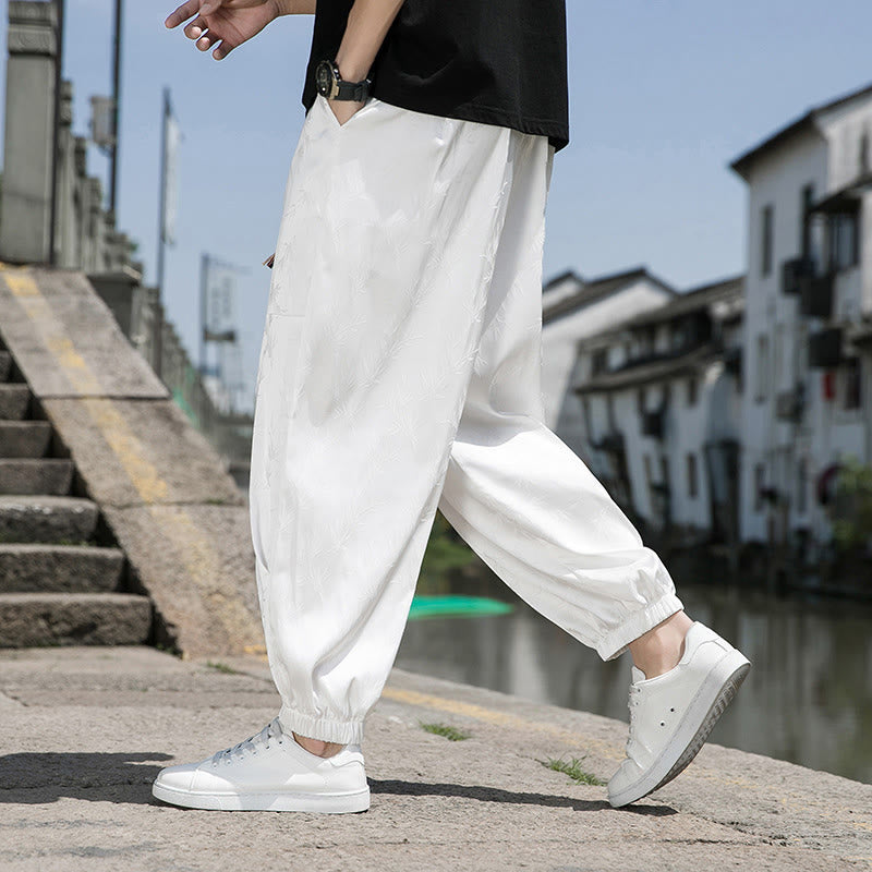 Buddha Stones Sommer-Baumwollhose aus Eisseide, Jacquard-Bambusmuster für Herren mit Kordelzug und Taschen
