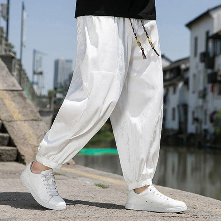 Buddha Stones Sommer-Baumwollhose aus Eisseide, Jacquard-Bambusmuster für Herren mit Kordelzug und Taschen