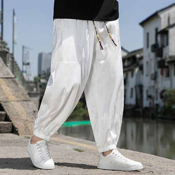 Buddha Stones Sommer-Baumwollhose aus Eisseide, Jacquard-Bambusmuster für Herren mit Kordelzug und Taschen