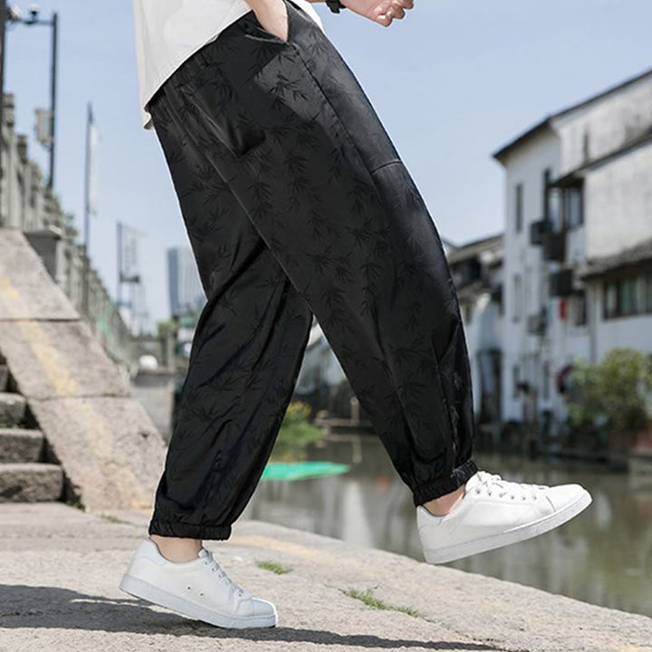 Buddha Stones Sommer-Baumwollhose aus Eisseide, Jacquard-Bambusmuster für Herren mit Kordelzug und Taschen