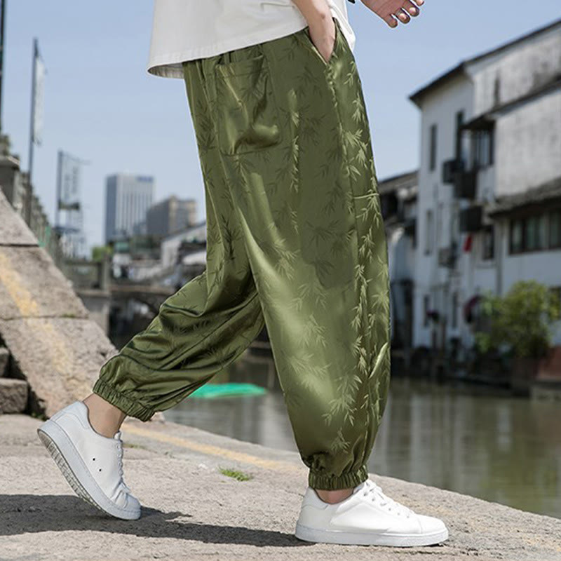 Buddha Stones Sommer-Baumwollhose aus Eisseide, Jacquard-Bambusmuster für Herren mit Kordelzug und Taschen