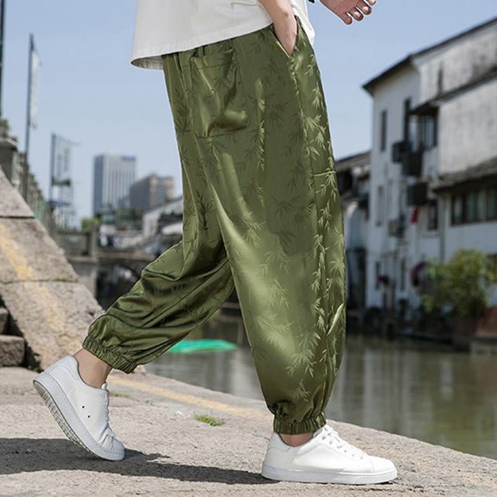 Buddha Stones Sommer-Baumwollhose aus Eisseide, Jacquard-Bambusmuster für Herren mit Kordelzug und Taschen