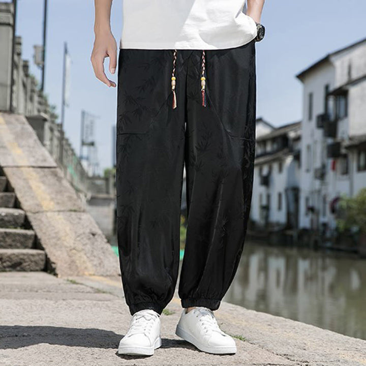 Buddha Stones Sommer-Baumwollhose aus Eisseide, Jacquard-Bambusmuster für Herren mit Kordelzug und Taschen