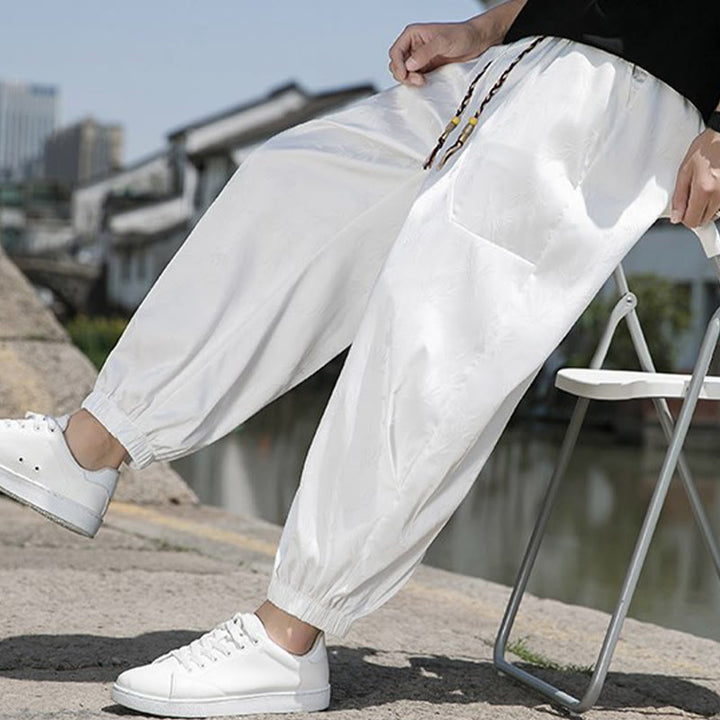 Buddha Stones Sommer-Baumwollhose aus Eisseide, Jacquard-Bambusmuster für Herren mit Kordelzug und Taschen