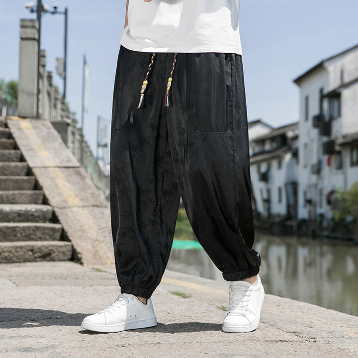 Buddha Stones Sommer-Baumwollhose aus Eisseide, Jacquard-Bambusmuster für Herren mit Kordelzug und Taschen