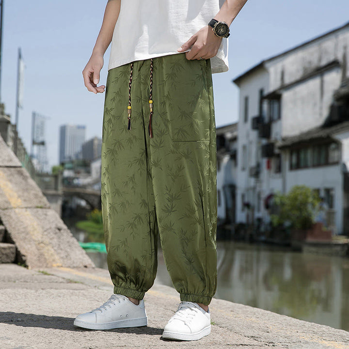Buddha Stones Sommer-Baumwollhose aus Eisseide, Jacquard-Bambusmuster für Herren mit Kordelzug und Taschen