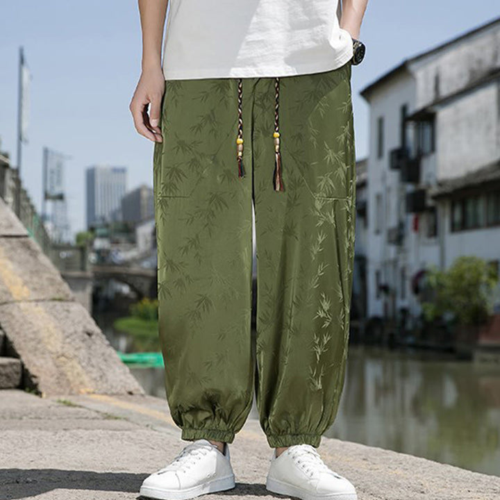 Buddha Stones Sommer-Baumwollhose aus Eisseide, Jacquard-Bambusmuster für Herren mit Kordelzug und Taschen