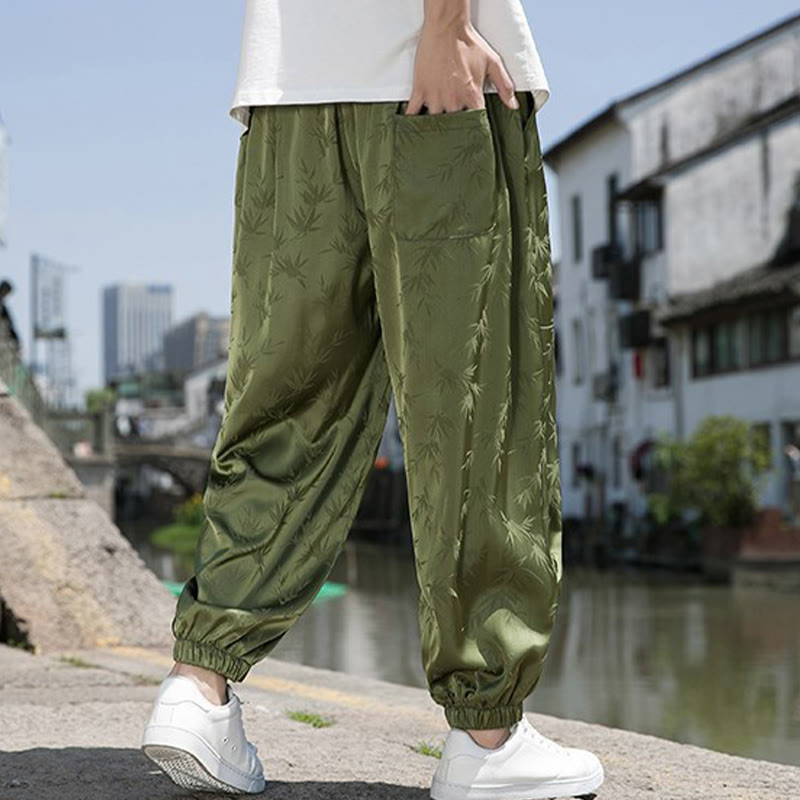 Buddha Stones Sommer-Baumwollhose aus Eisseide, Jacquard-Bambusmuster für Herren mit Kordelzug und Taschen