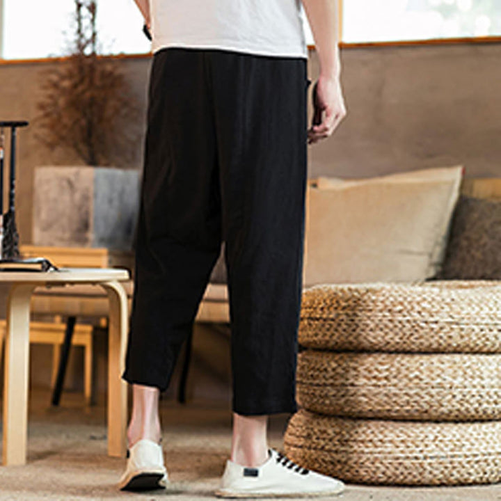 Buddha Stones Lässige, einfarbige Herrenhose aus Baumwollleinen mit elastischem Bund und Kordelzug und Taschen - image 29