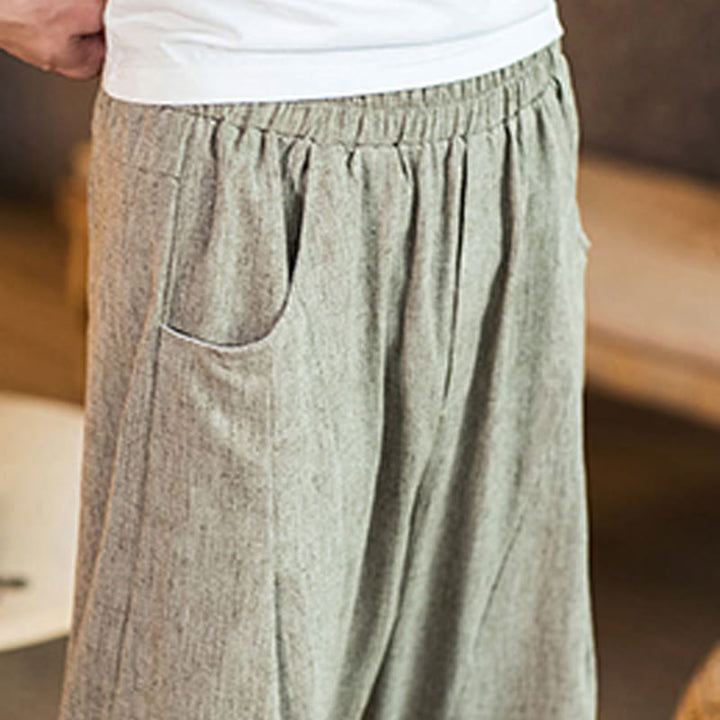 Buddha Stones Lässige, einfarbige Herrenhose aus Baumwollleinen mit elastischem Bund und Kordelzug und Taschen - image 10